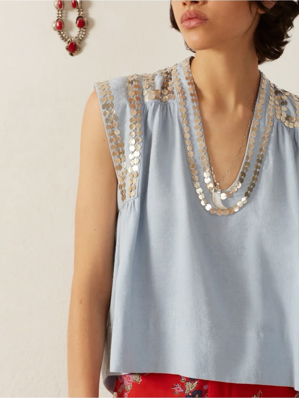 Alix of Bohemia Pale Blue V-Neck Embellished Sleeveless Top